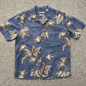 Batik Bay Hawaiian Shirt Mens M Blue SS Button Up Collared Silk Palm Floral